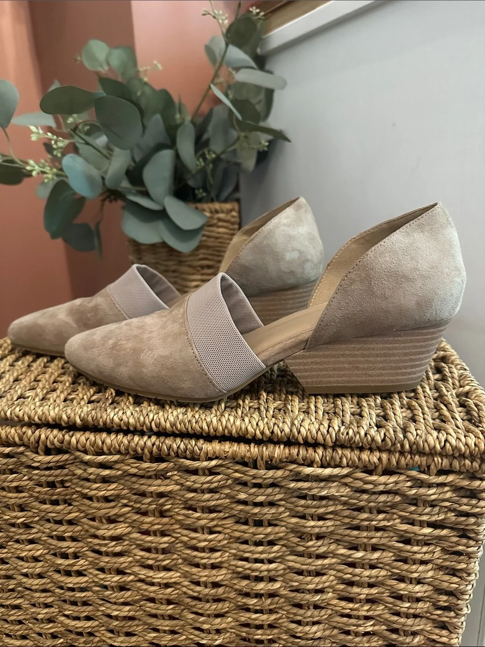 Eileen Fisher Hilly D’Orsay 7 tan suede mesh slip on 2” heel wedge shoes